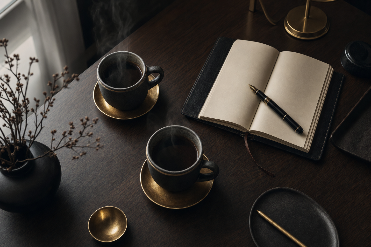 Zwei Kaffeetassen und ein aufgeschlagenes Notizbuch — Sinnbild für persönliche, ruhige Zusammenarbeit.